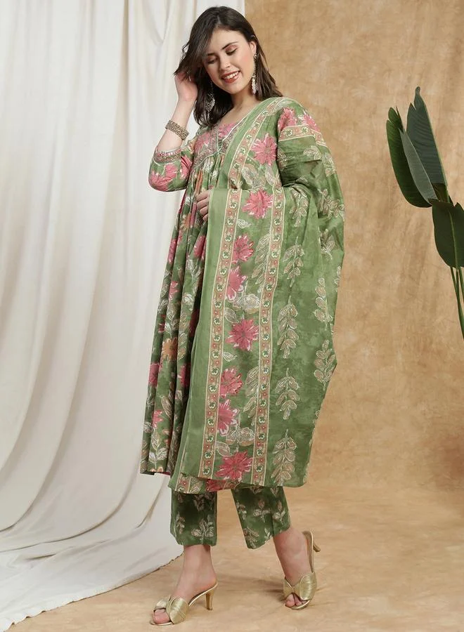 globus Women Green Floral Print Embroidered Kurta with Pant and Dupatta Set